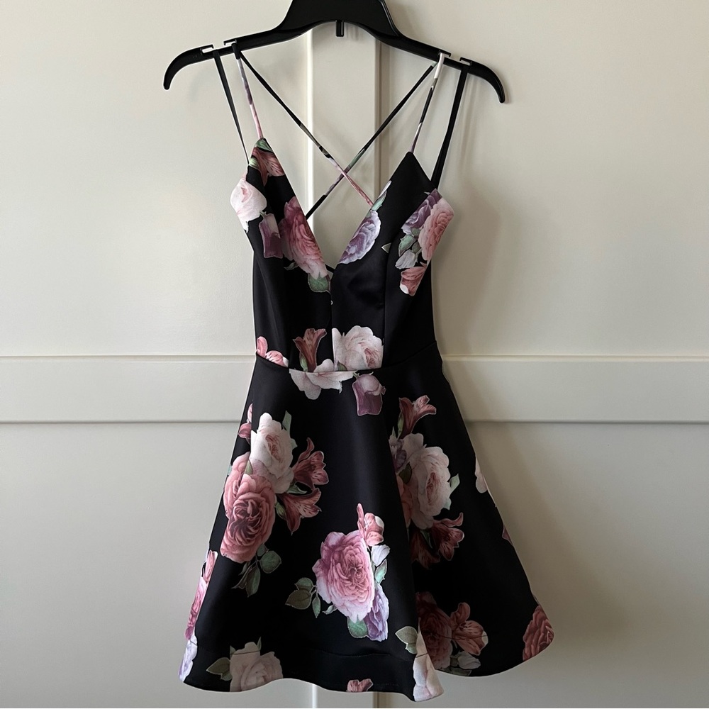 Floral Black & Pink Mini Dress with Crisscross Straps
